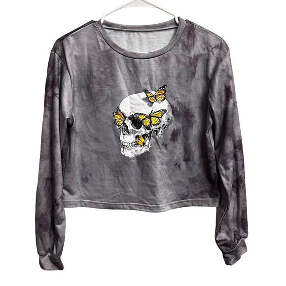 Rue 21 Romwe Gray White Tie Dye Skull Butterflies Halloween Crop Top Sm Size 4 - Picture 2 of 13